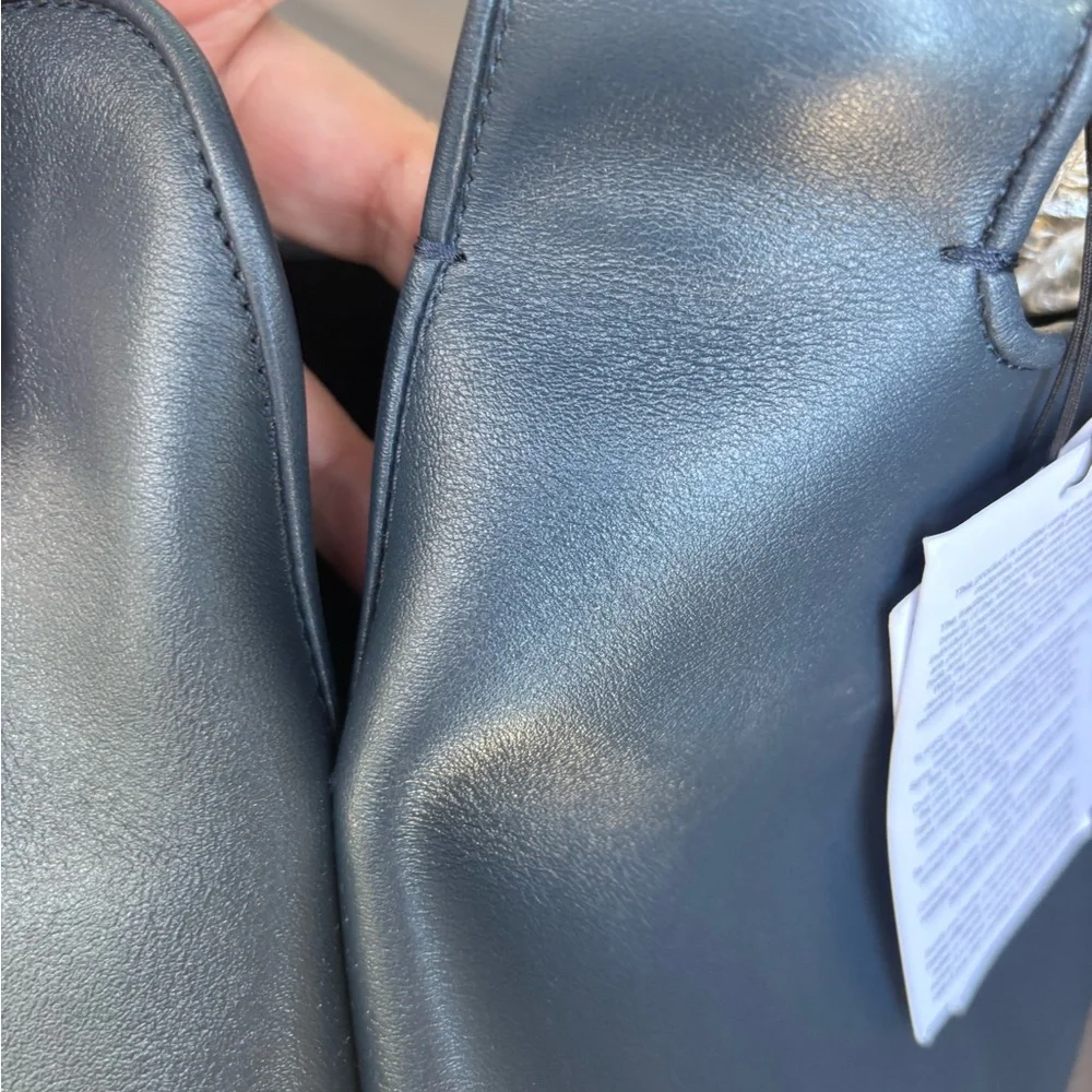 Leather Top-Handle Tote in Navy with Gold Chain Detail